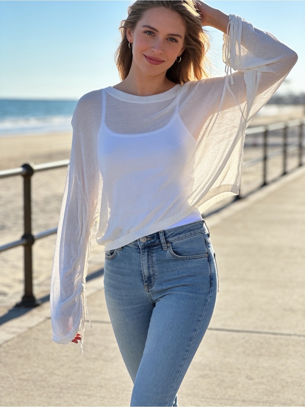 DO+BE Sheer Knit Dolman Sleeve Top White Size M